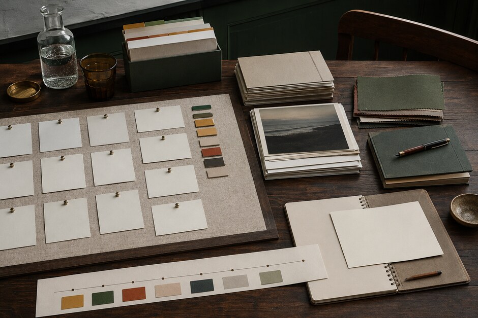 A compact evidence table with project artefacts, timeline strips, colour tabs, and one framed question.