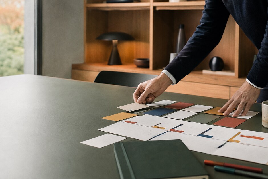 A thoughtful strategy desk with decision cards, a project timeline, markers, and a closed notebook.