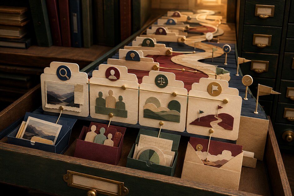 A layered archive of decision cards connecting past reasoning to present collaborative work.
