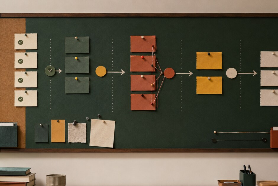 A shared planning board showing completed, active, blocked, and next-step project cards.
