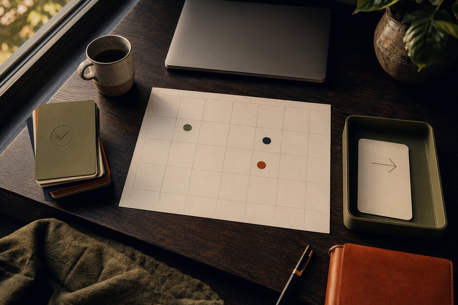 A weekly review surface with completed work, unresolved markers, and one protected next action.